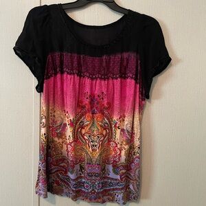bila Women's Black and Pink Intricate Pattern Top